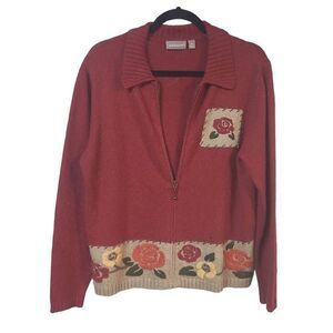 Croft Barrow wool blend rabbit fall red cardigan floral med thick stitch